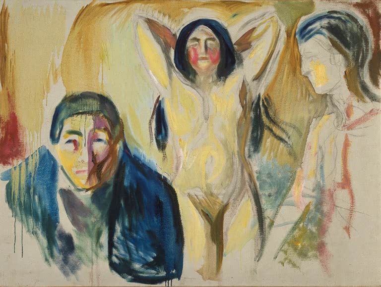 Männerkopf in Blau, nackte Frau mit erhobenen Armen und helle Gestalt in Gelb – Edvard Munch Eifersucht Kunstkopie