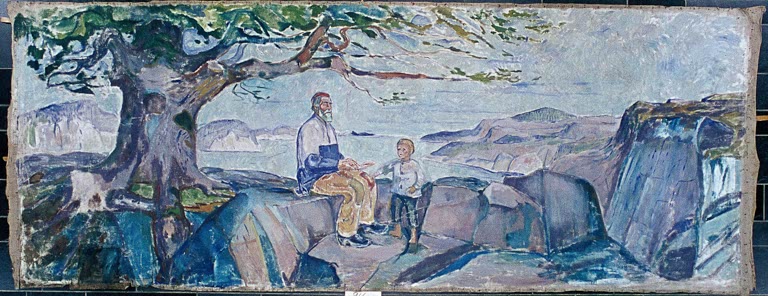 Zwei Gestalten sitzen unter einem großen Baum auf Felsen über einer Küste mit Fjord – Edvard Munch Geschichte Kunstkopie
