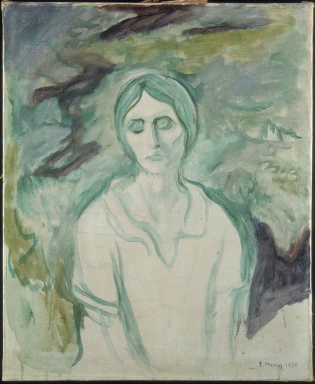 Frau in blassem Grün mit geschlossenen Augen vor grünlichem Grund – Edvard Munch Gotische Frau Kunstkopie