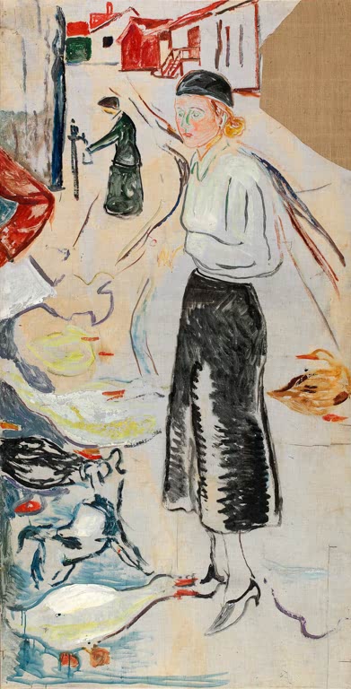 Frau in schwarzem Rock steht zwischen Gänsen vor roten Dächern – Edvard Munch Hanna Brieschke Kunstkopie