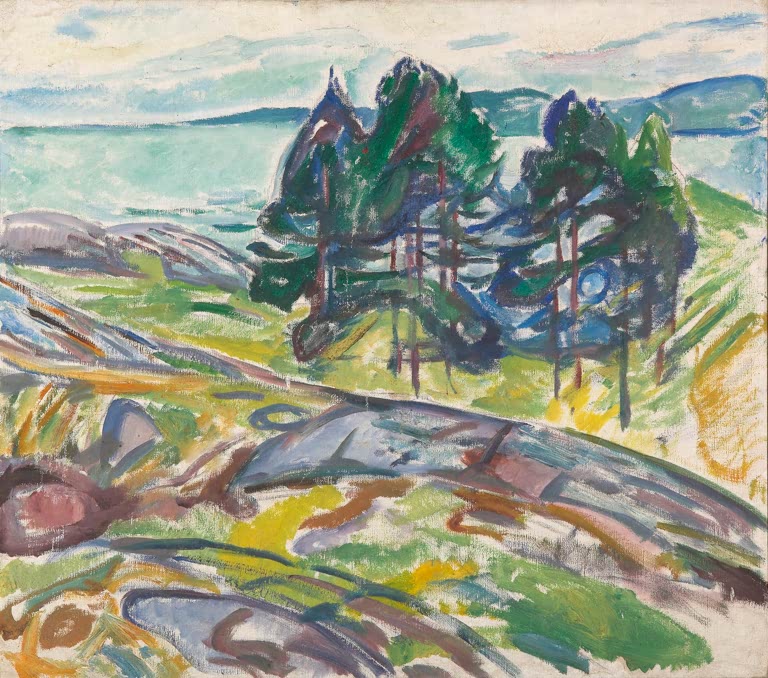Kiefern auf einer felsigen grünen Küste mit hellem Meer im Hintergrund – Edvard Munch Kiefern am Meer Kunstkopie