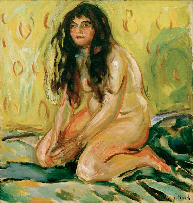 Kniende nackte Frau mit langem dunklem Haar vor gelbem Muster – Edvard Munch Kniender Akt Kunstkopie