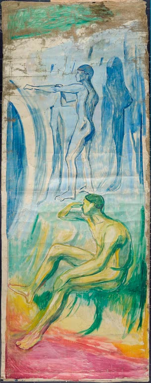 Nackter Mann sitzt vor blauen Gestalten – Edvard Munch Männer, die sich der Sonne zuwenden Kunstkopie