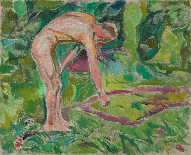 Nackter Mann beugt sich im grünen Waldstück nach vorn – Edvard Munch Männlicher Akt im Wald Kunstkopie