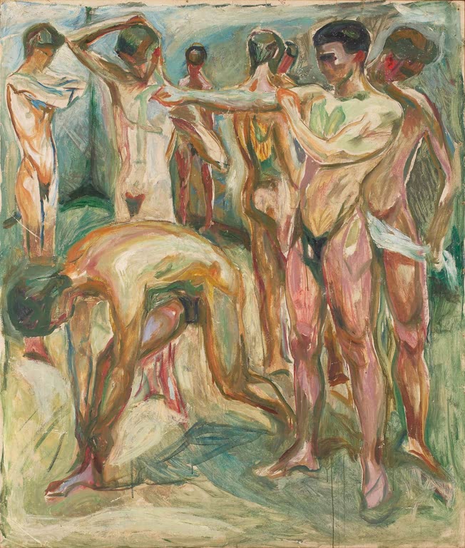 Mehrere nackte Männer stehen und beugen sich in einem grünlichen Raum – Edvard Munch Nackte Männer in den Bädern Kunstkopie
