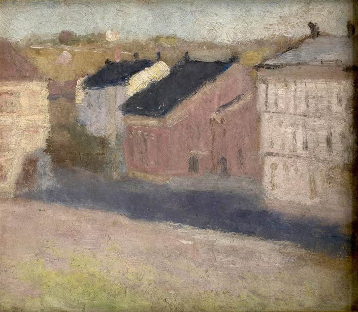 Rosa Häuser mit dunklen Dächern, blauer Schatten auf dem Platz – Edvard Munch Olafs Ryes Platz nach Südosten Kunstkopie
