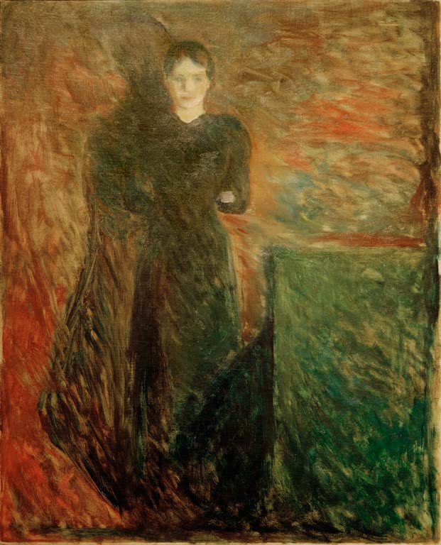 Dunkel gekleidete Frau steht vor rotbraunem Hintergrund neben grüner Fläche – Edvard Munch Olga Buhre Kunstkopie