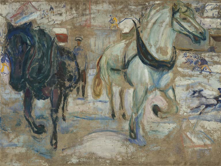 Schwarzes und weißes Pferd vor dem Gespann im Schnee – Edvard Munch Pferdegespann im Schnee Kunstkopie