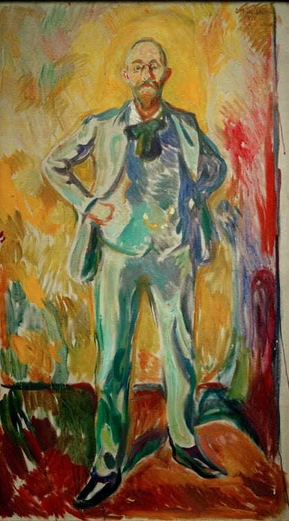 Mann in hellem Anzug, Hände in die Hüften gestützt, vor Gelb – Edvard Munch Professor Daniel Jacobson Kunstkopie