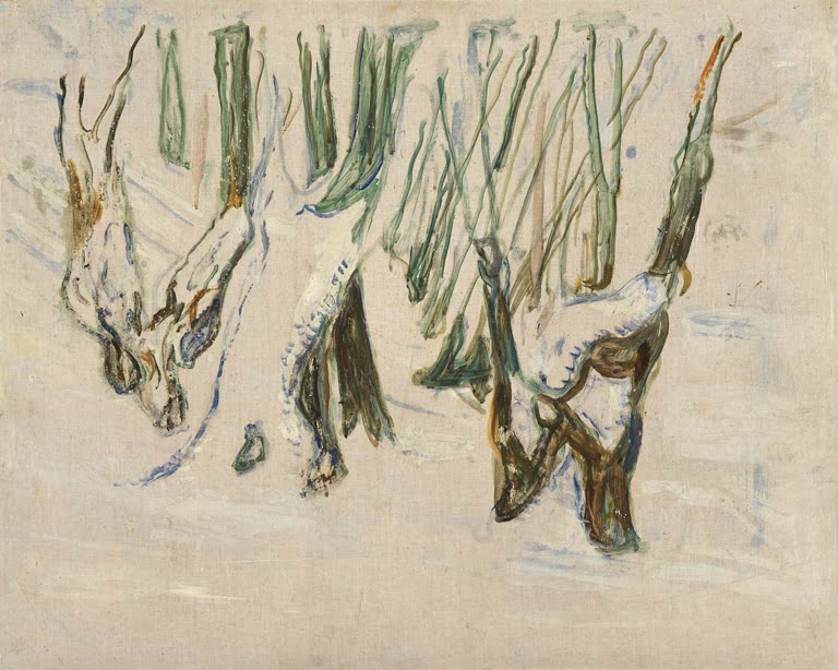 Verschneite knorrige Baumstämme mit grünen Trieben – Edvard Munch Raue Baumstämme im Schnee Kunstkopie