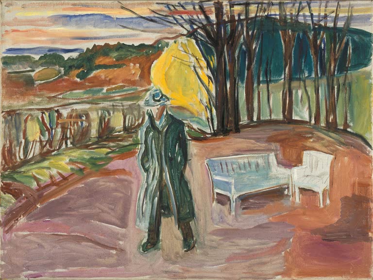 Mann in grünem Mantel im herbstlichen Garten bei einer weißen Bank – Edvard Munch Selbstbildnis am Laubengang Kunstkopie