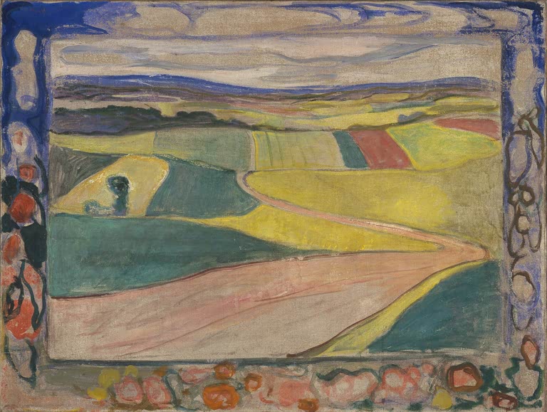 Weite Feldlandschaft mit Weg, umgeben von einem bemalten Blumenrand – Edvard Munch Sommerlandschaft Kunstkopie