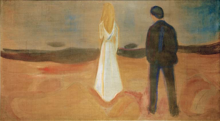 Weiß gekleidete Frau und dunkel gekleideter Mann am Strand in der Abenddämmerung – Edvard Munch Sommernacht Kunstkopie