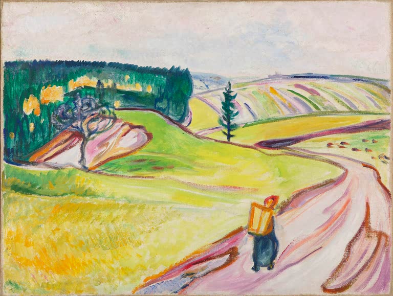 Hügelige Wiesen, Wald und ein rosa Weg mit kleiner Gestalt mit Last – Edvard Munch Straße in Thüringen Kunstkopie