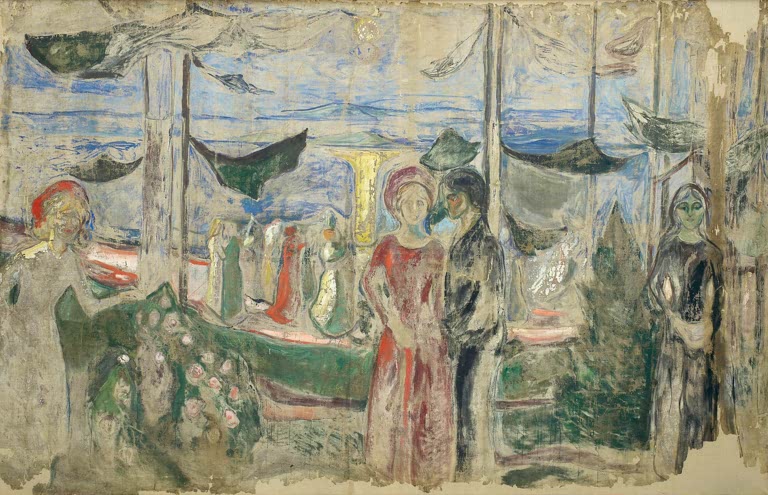 Tanzende am Strand unter Bäumen und Fahnen, Paar in Rot und Schwarz – Edvard Munch Tanz am Strand Kunstkopie