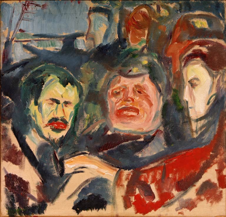 Drei Köpfe dicht beieinander, ein Mann mit Schnurrbart und Frauen in Rot – Edvard Munch Trinkgelageszene Kunstkopie