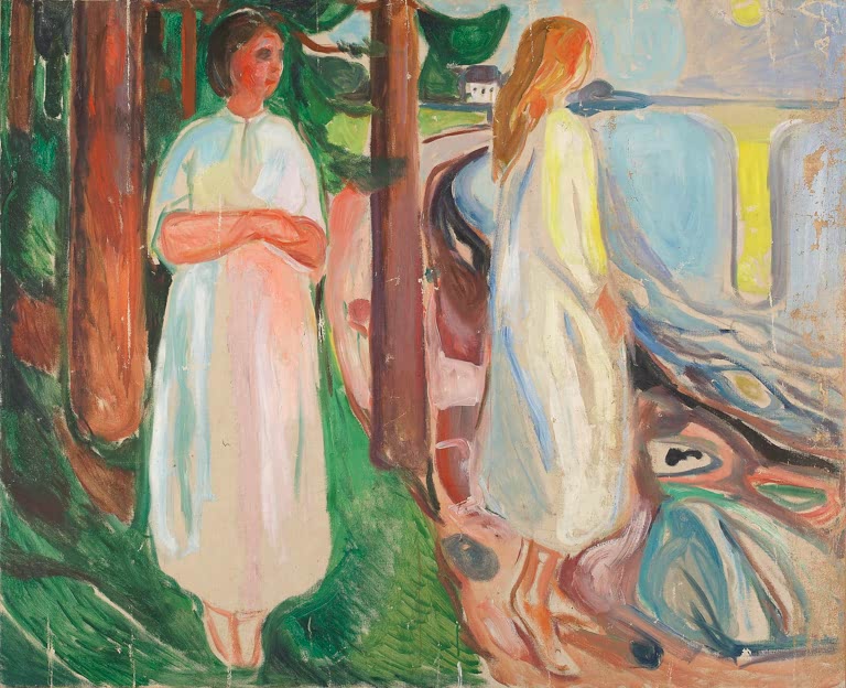 Zwei Frauen in hellen Kleidern zwischen Baumstämmen am Wasser – Edvard Munch Zwei Frauen in Weiß am Strand Kunstkopie