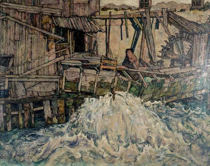 Alte Holzmühle mit Wasserrad über aufschäumendem Wildwasser – Egon Schiele Die alte Mühle Kunstkopie
