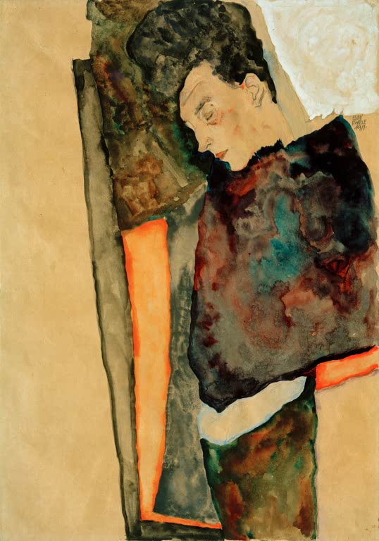 Egon Schiele Die Mutter des Künstlers schlafend Kunstkopie, ruhende Figur mit geschlossenen Augen vor ockerfarbenem Grund