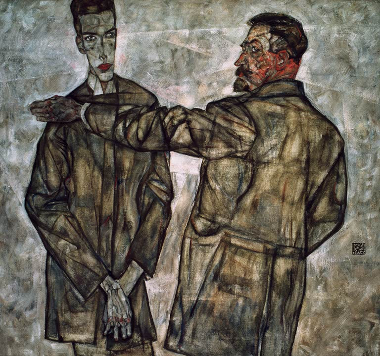 Zwei Männer in Mänteln nebeneinander, der ältere mit ausgestrecktem Arm – Egon Schiele Doppelbildnis Benesch Kunstkopie