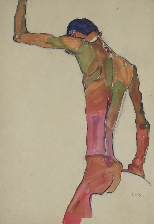 Männlicher Akt von hinten mit erhobenem Arm in Grün- und Rosatönen – Egon Schiele Männlicher Akt mit erhobenem Arm Kunstkopie