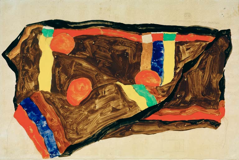 Egon Schiele Mein Wandelweg führt über Abgründe Kunstkopie, gefaltete braune Bergformen mit bunten Farbstreifen