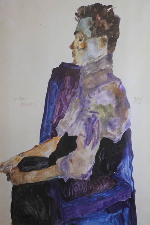 Sitzender Mann im Profil in violett und blau gemaltem Sessel – Egon Schiele Porträt des Anton Peschka Kunstkopie