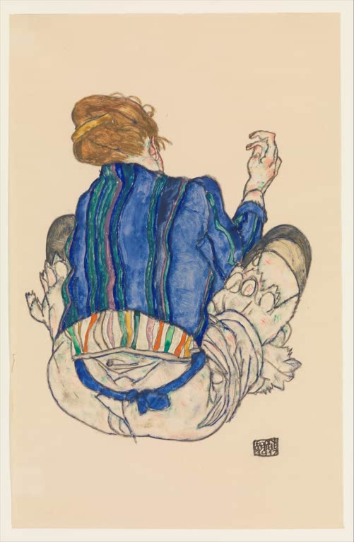Frau mit rotbraunem Haar in blau gestreifter Jacke von hinten – Egon Schiele Sitzende Frau, Rückenansicht Kunstkopie