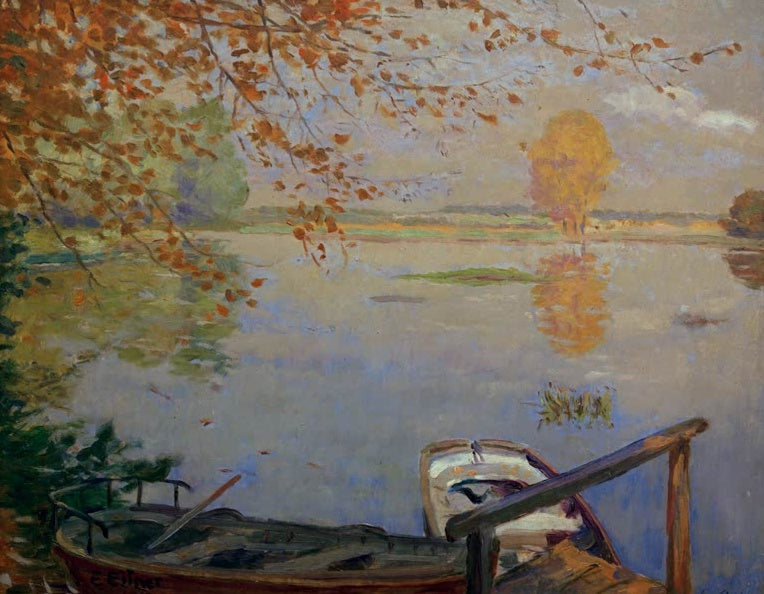 Herbstlicher Teich mit Ruderboot und goldgelbem Baum im Spiegelbild – Ernst Eitner Mühlenteich Kunstkopie