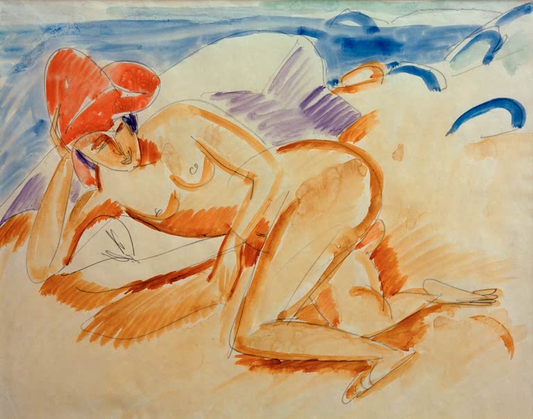 Liegender Akt mit rotem Hut in Orange vor blauem Meer – Ernst Ludwig Kirchner Akt mit rotem Hut Kunstkopie