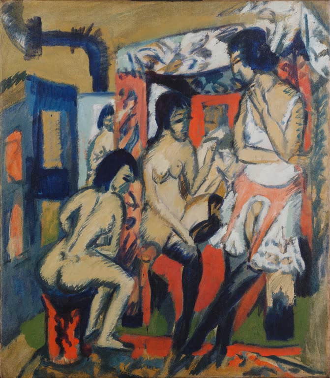 Akte in einem Atelier mit Ofenrohr und rotem Mobiliar – Ernst Ludwig Kirchner Akte im Atelier Kunstkopie