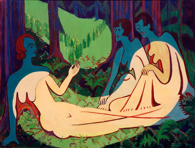 Mehrere Akte in Blau und Hellrosa lagern in einer Waldlichtung – Ernst Ludwig Kirchner Akte im Wald große Fassung Kunstkopie