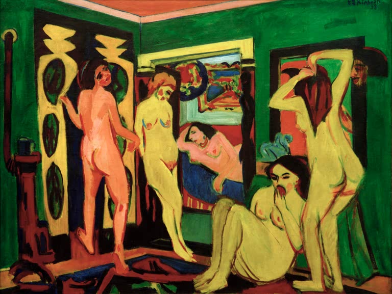 Mehrere Akte in einem grünen Zimmer mit bemalten Wänden und Fenster – Ernst Ludwig Kirchner Badende im Raum Kunstkopie