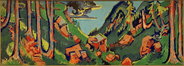Breites Waldtal mit hohen Stämmen, Felsblöcken und Bergen – Ernst Ludwig Kirchner Berglandschaft Kunstkopie