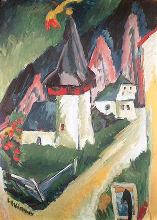 Weiße Kirche mit dunklem Turm am Berghang, rote Büsche davor – Ernst Ludwig Kirchner Kirche von Monstein Kunstkopie