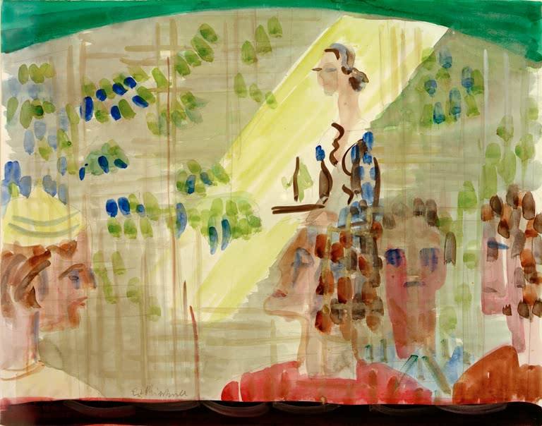 Kellnerin und Gäste in hellem Raum mit grünen Tupfen – Ernst Ludwig Kirchner Cafészene mit Kellnerin Kunstkopie