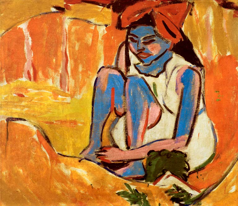 Mädchen mit blauem Gesicht und rotem Kopftuch auf Orange – Ernst Ludwig Kirchner Das blaue Mädchen in der Sonne Kunstkopie