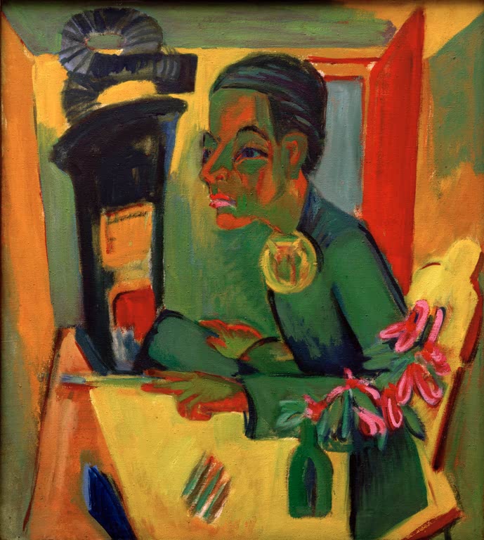 Mann in grüner Jacke mit Medaillon am Tisch mit rosa Blüten und Flasche – Ernst Ludwig Kirchner Der Maler Kunstkopie