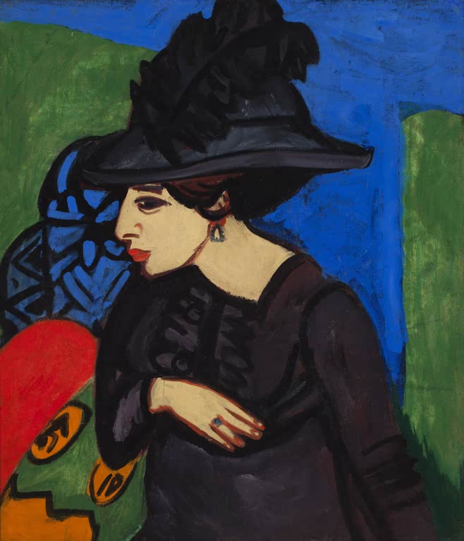 Frau in schwarzem Kleid mit großem Federhut vor blauem Grund – Ernst Ludwig Kirchner Dodo mit Federhut Kunstkopie