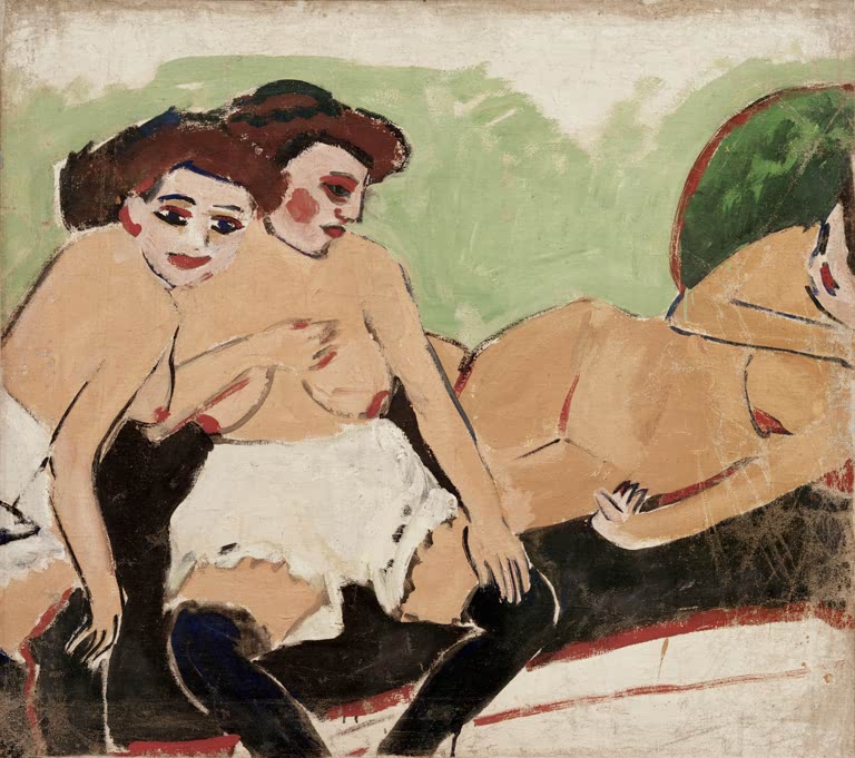 Drei Frauen in Unterwäsche auf schwarzem Sofa – Ernst Ludwig Kirchner Drei Akte auf schwarzem Sofa Kunstkopie