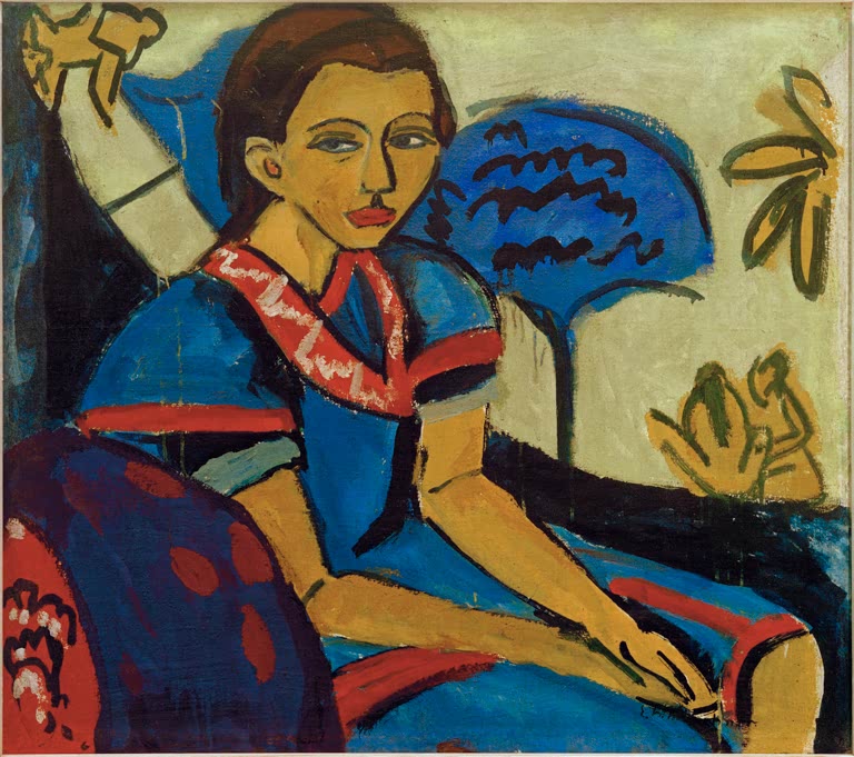 Junges Mädchen mit Pagenfrisur in blauem Kleid, sitzend vor geschnitztem Stuhl – Ernst Ludwig Kirchner Fränzi Kunstkopie