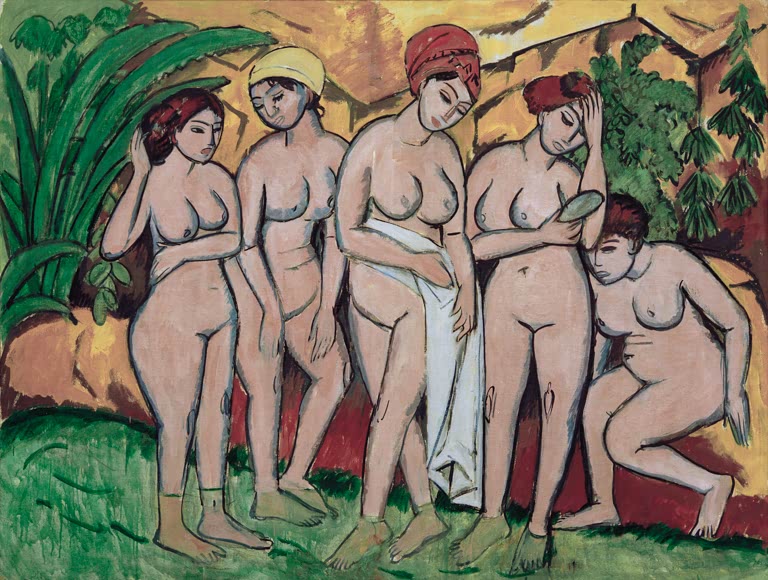 Fünf nackte Frauen stehen in einer Landschaft, eine hält ein Tuch – Ernst Ludwig Kirchner Frauen im Bade Kunstkopie