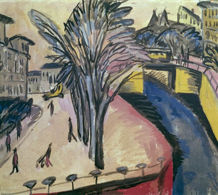 Kahler Baum an einem Kanal mit Brücke, Passanten auf rosa Platz – Ernst Ludwig Kirchner Gelbes Engelufer Kunstkopie