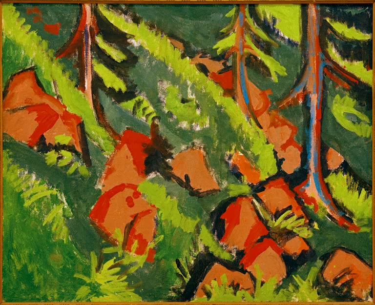 Steile Waldhalde mit Fichten und orangeroten Felsblöcken – Ernst Ludwig Kirchner Großer Wald Kunstkopie