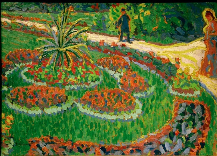 Blumenrondell mit Agave in einem Park, ein Spaziergänger im Hintergrund – Ernst Ludwig Kirchner Im Park Kunstkopie
