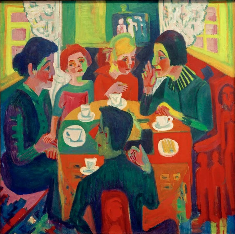 Mehrere Personen sitzen mit Tassen um einen runden Kaffeetisch – Ernst Ludwig Kirchner Kaffeetisch Kunstkopie