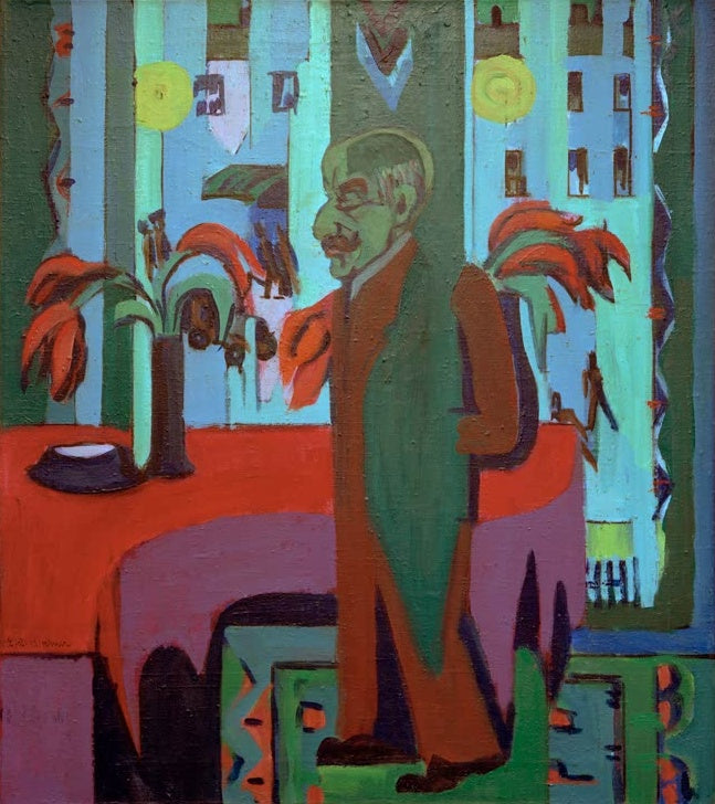 Stehender Mann vor Fenster, Tisch mit roter Decke – Ernst Ludwig Kirchner Max Liebermann in seinem Atelier Kunstkopie