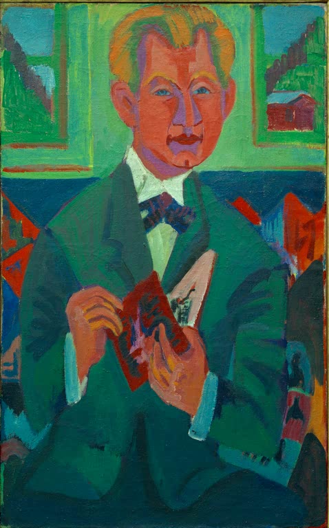 Mann im grünen Anzug mit Fliege, in den Händen ein rotes Blatt – Ernst Ludwig Kirchner Portrait Edwin Redslob Kunstkopie