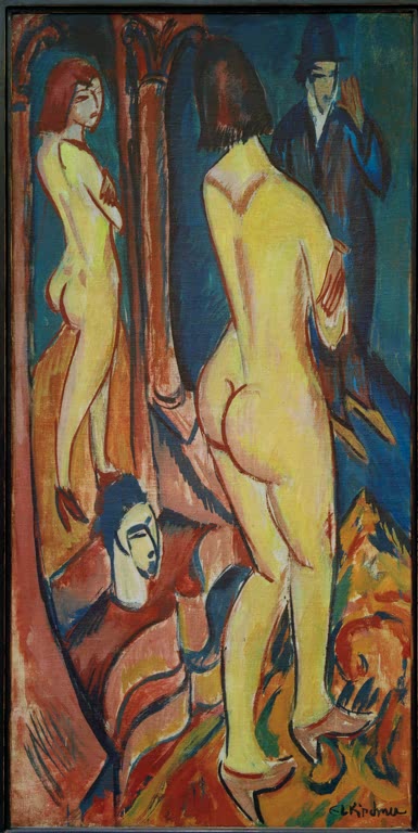 Rückenakt vor einem Spiegel, dahinter ein Mann mit Hut – Ernst Ludwig Kirchner Rückenakt mit Spiegel und Mann Kunstkopie