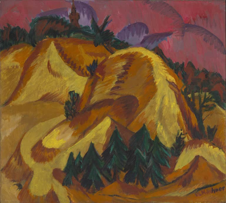 Gelbbraune Sandhügel mit dunklen Tannen unter violettem Himmel – Ernst Ludwig Kirchner Sandhügel in Grünau Kunstkopie